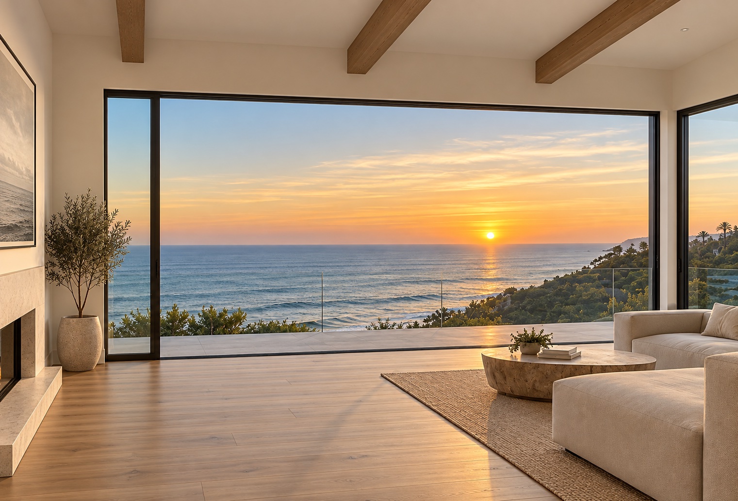 Coastal living room with wide-plank oak hardwood floors, a fireplace, and floor-to-ceiling windows open to an ocean sunset