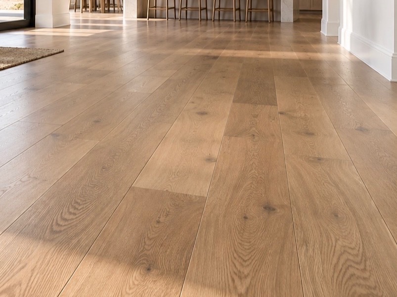 Wide-plank white oak hardwood floor in a bright open living space