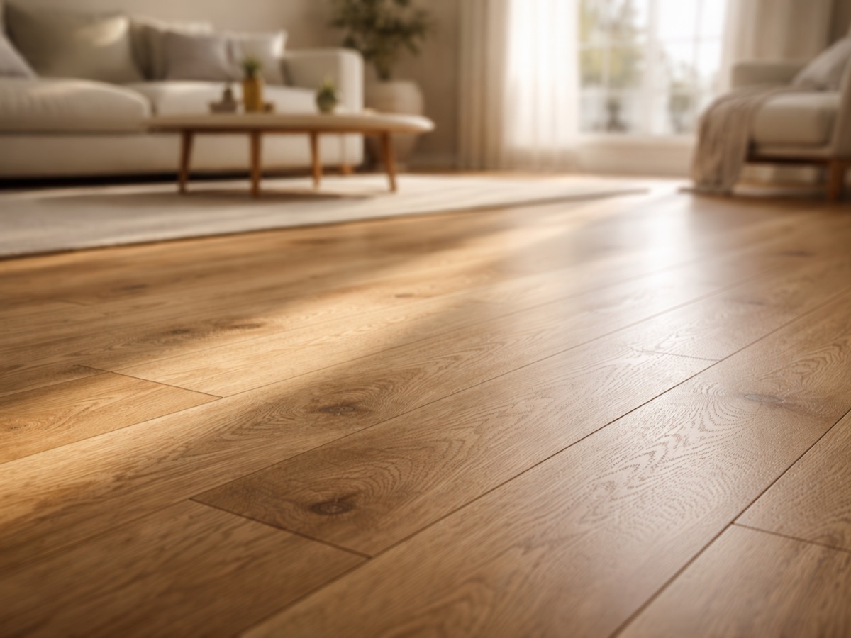 Sunlit oak hardwood floor in a modern living room