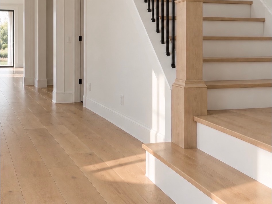 White oak staircase with matching treads, newel post and wide-plank oak flooring