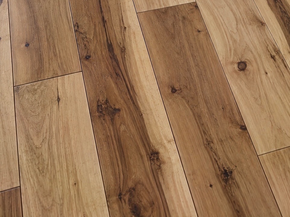 Hickory hardwood planks with bold, varied grain and color
